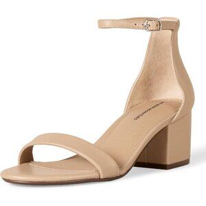 Womens Beige Pu Faux Suede Two Strap Open Rounded Toe Chunky Block Heeled Sandal